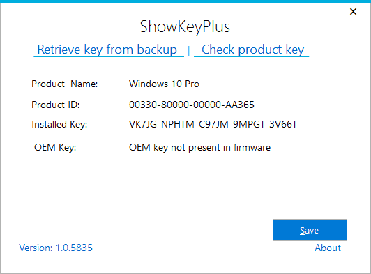 Просмотр ключа Windows 10 на ShowKeyPlus