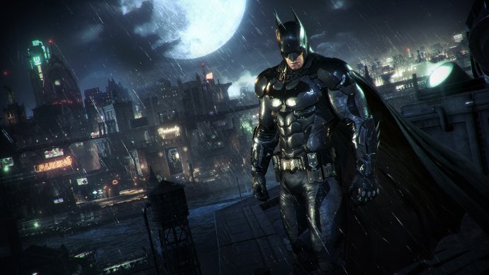 Главный герой серии игр Бэтмен на фоне ночного города. Изображение было сделано на игровой приставке Playstation 4