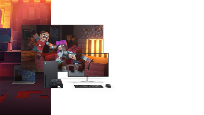 Консоль Xbox Series X рядом с ноутбуком, монитором ПК и телевизором с обложкой игры Minecraft Dungeons